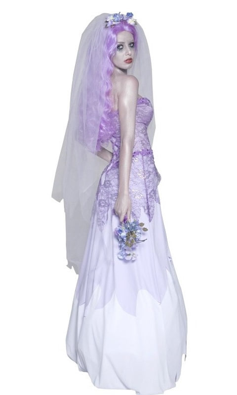 Side of long purple strapless Gothic ghost dress with veil and wig