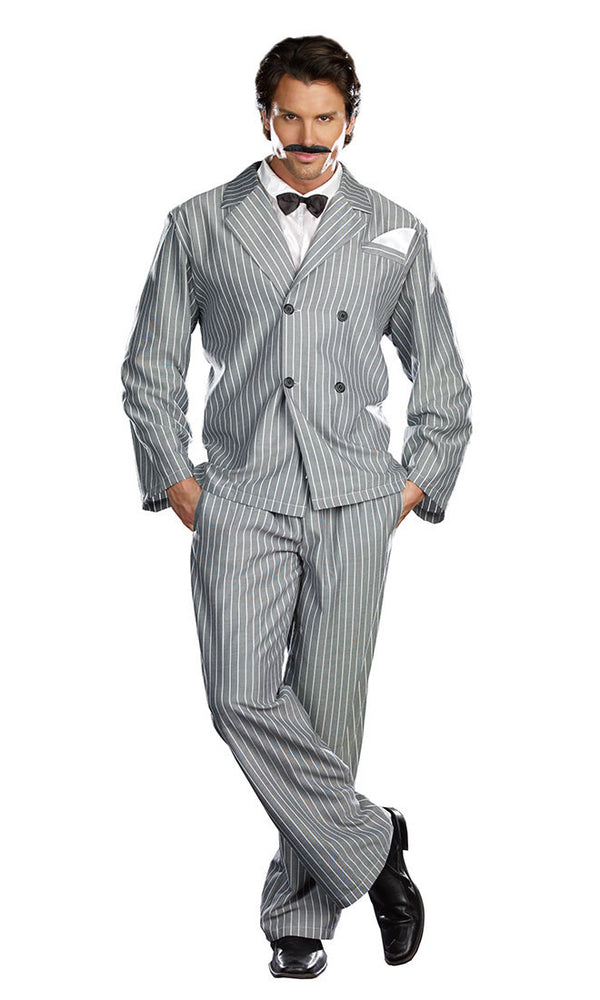 Grey and white striped Gothic Gomez costume with bow tie