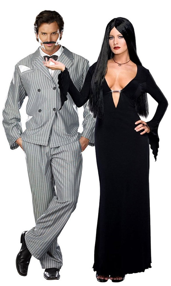 Grey and white striped Gothic Gomez costume next to Morticia Addams