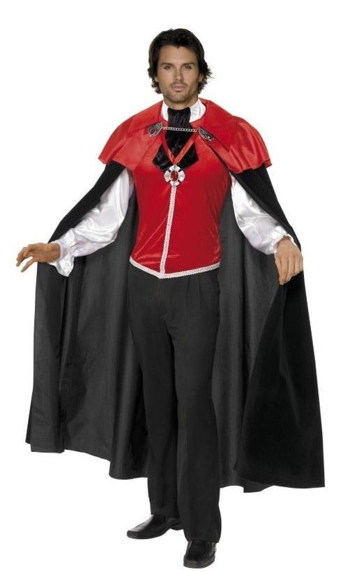 Vampire costume with red vest, cravat, medallion and cape