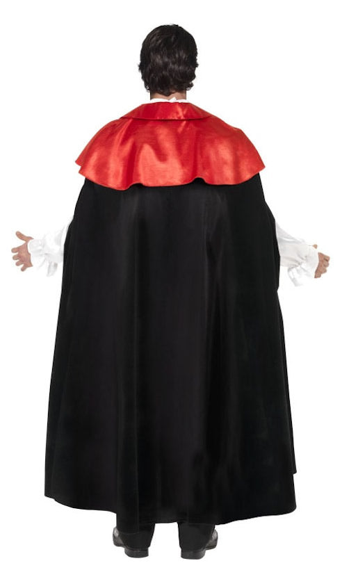 Back of vampire costume with red vest, cravat, medallion and cape