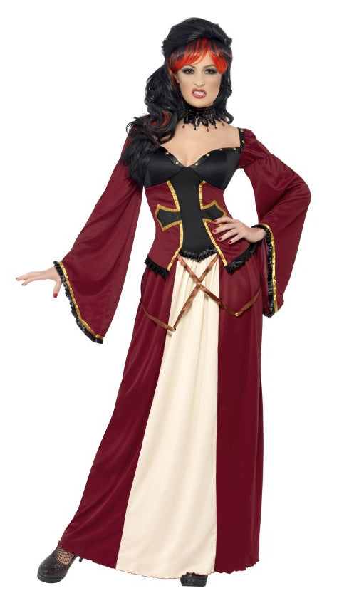 Long red and beige vampire dress with long sleeves