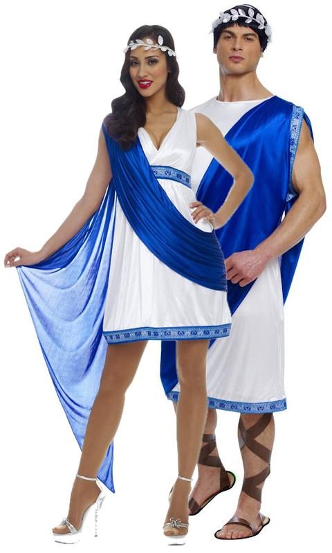 Short white and blue Greek dress with blue drape and leaf headband, next to matching partner