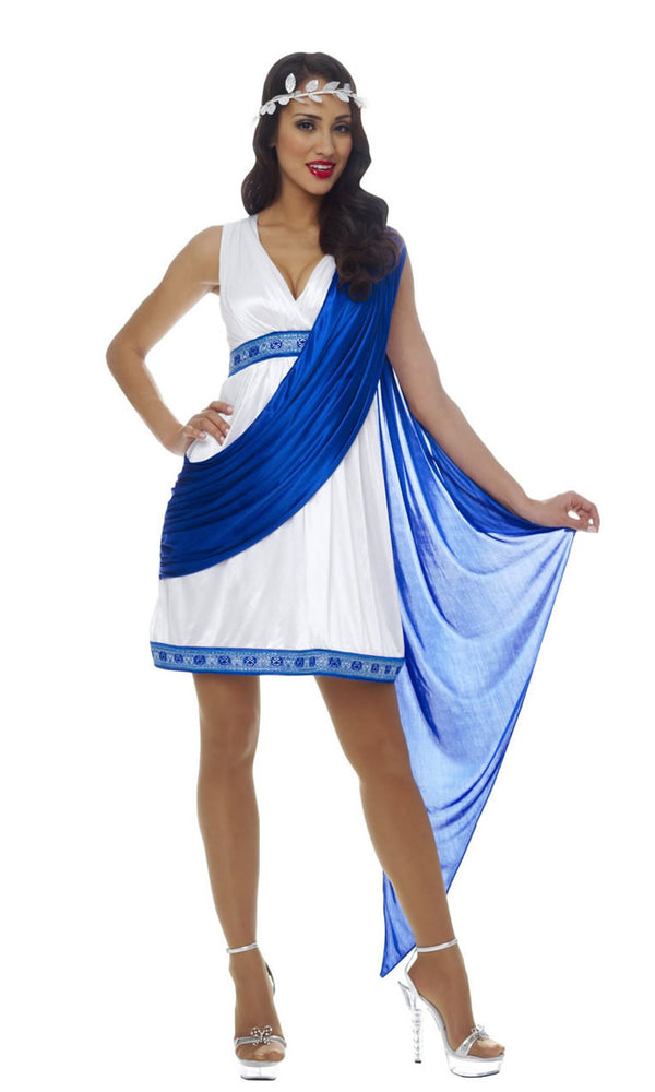 Short white and blue Greek dress with blue drape and leaf headband