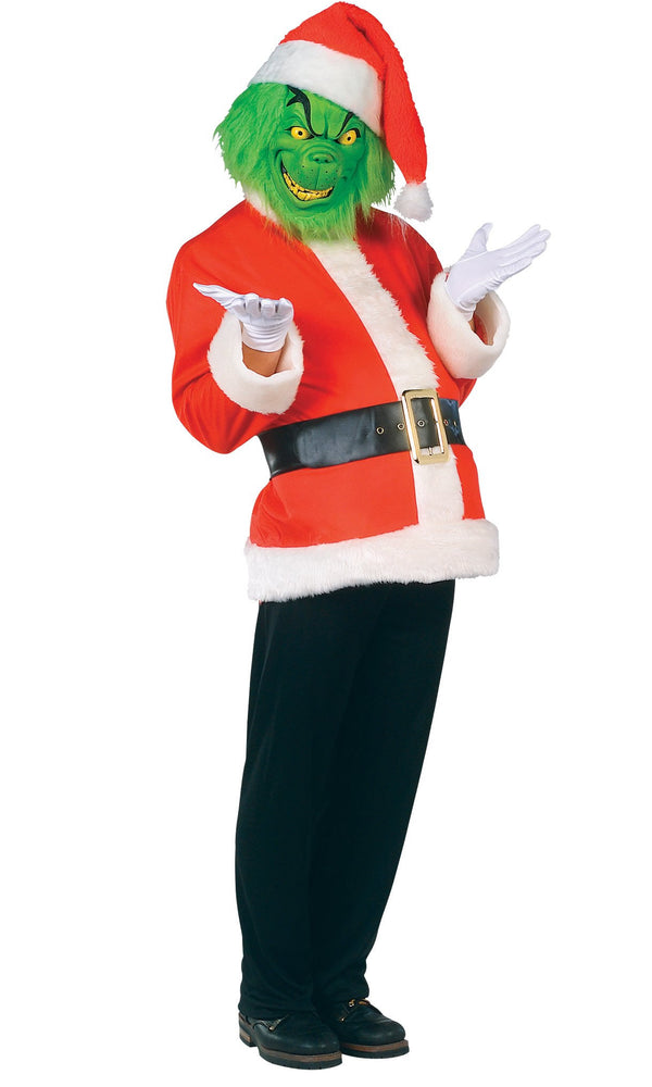 Grinch dressed as Santa with hat, belt, Grinch mask and gloves