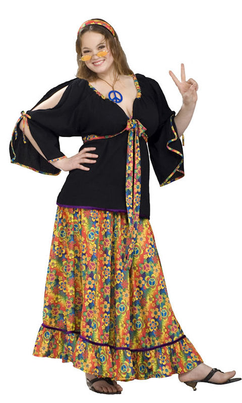 Hippie skirt with flowers and peace signs, with black top and headband