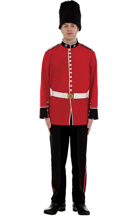 Red British guard costume with black hat