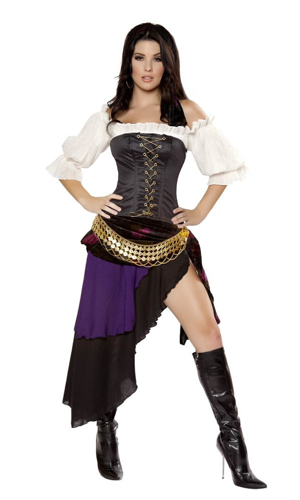 Gypsy pirate skirt, corset top with gold belt and sarong