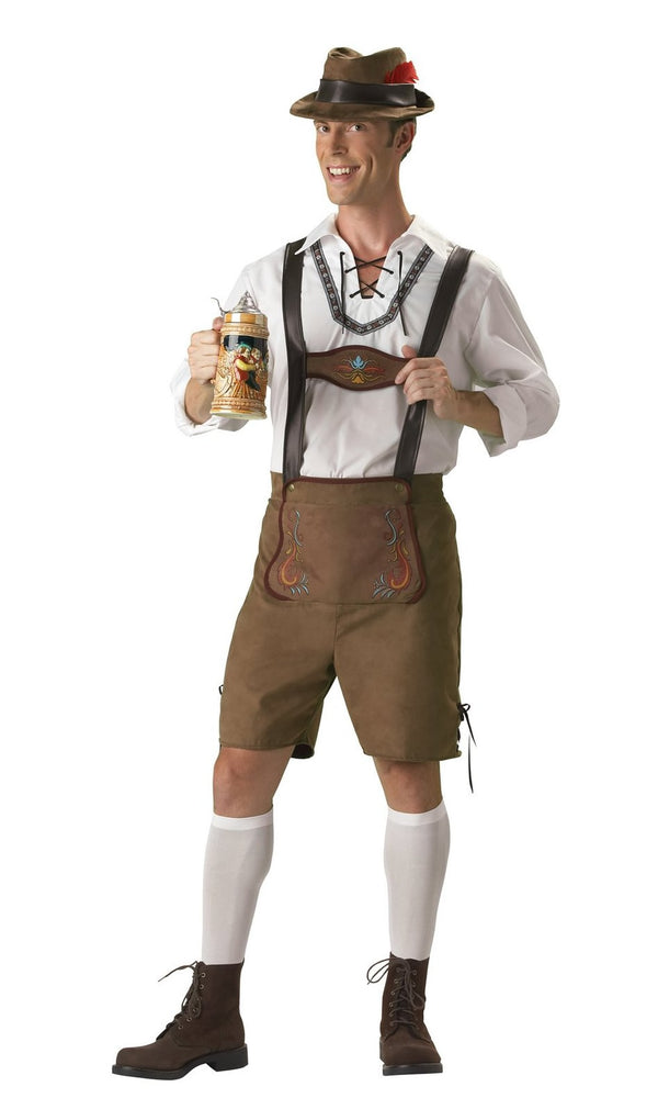 Brown lederhosen with suspenders, white shirt and brown hat