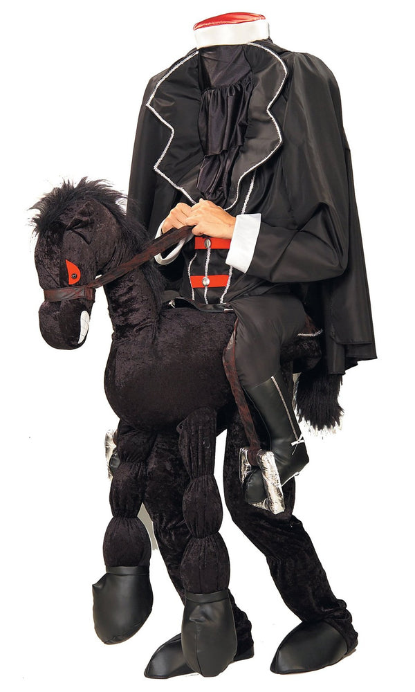 Headless horseman costume with fake black horse attached with fake human legs