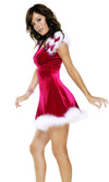 Side of short red Christmas angel dress with white fluffy edges