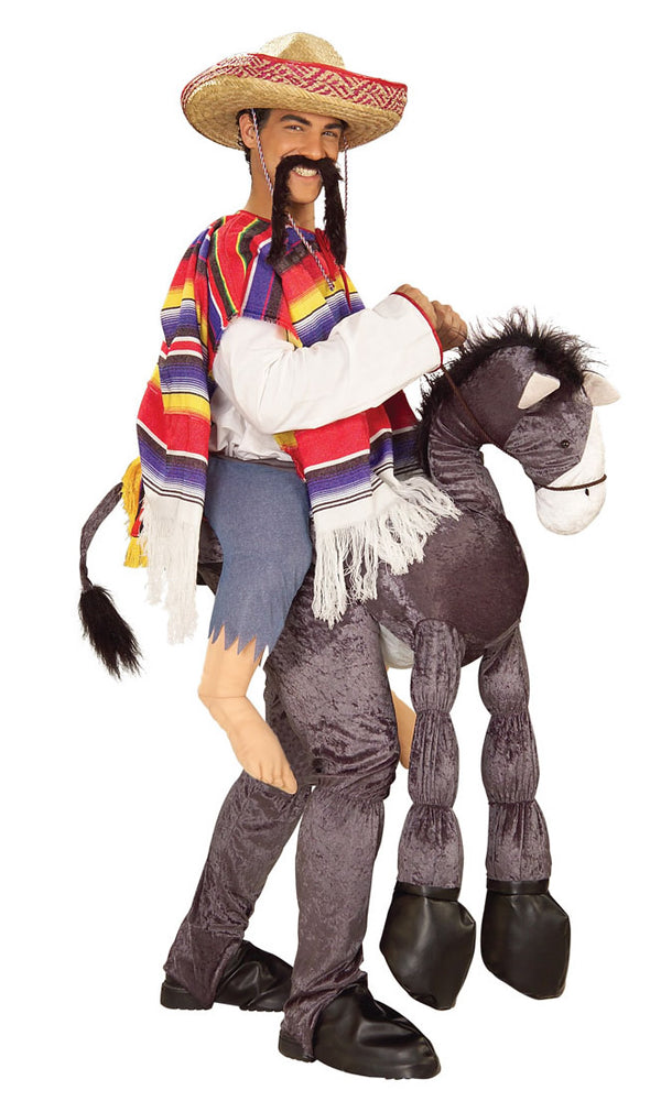 Mexican costume with sombrero, poncho and fake attached stuffed donkey
