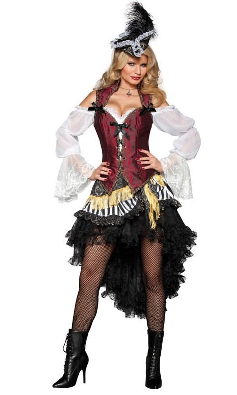 A woman modeling a High Seas Treasure costume which includes a maroon corset, white blouse, black skirt, petticoat, and a mini hat with a feather.