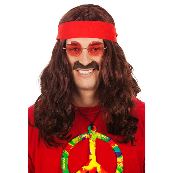 Long brown unisex 60s hippy wig with red headband