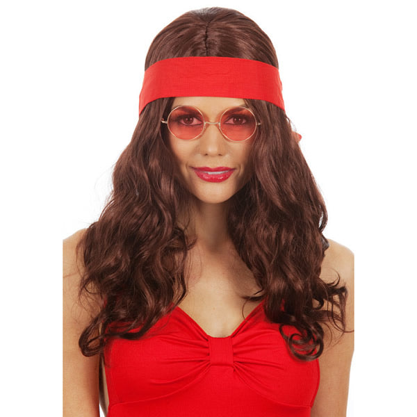 Long brown unisex 60s hippy wig with red headband