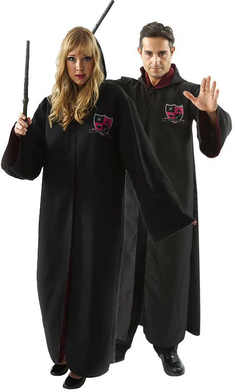 Magician robe in black with Hogwarts style emblem, next to matching partner