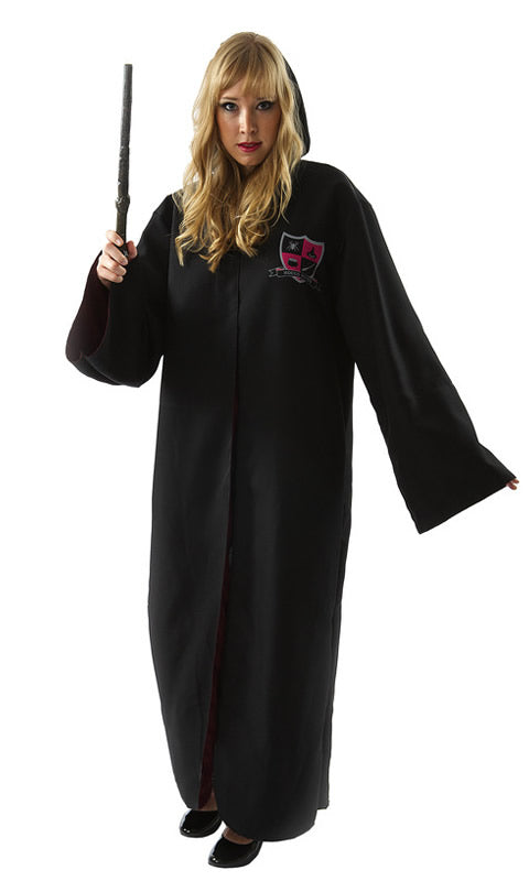 Long black Harry Potter style hooded robe with school emblem