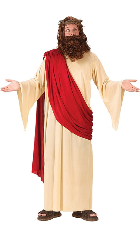 Alternate view of Jesus robe with red sash, thorn crown and beard with wig