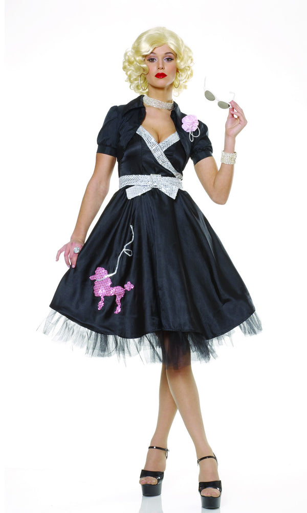 50s black dress with pink poodle motif and petticoat