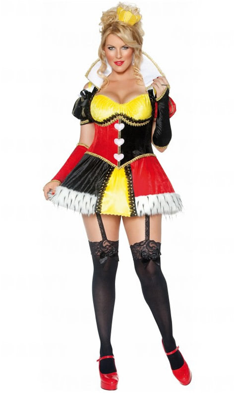 A model wearing a plus-size queen costume with a red and yellow color scheme, featuring an attached overskirt, sleeves, petticoat, corset vest, and a headband with a crown.