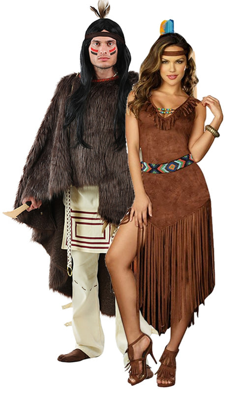 Woman's brown Native Indian dress with headband, next to Indian male
