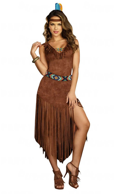 Woman's brown Native Indian dress with headband and belt