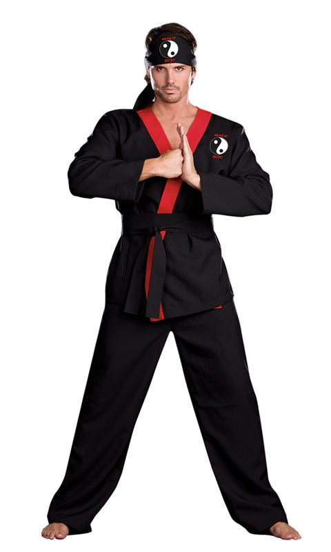 Black and red Karate costume with black belt and headband