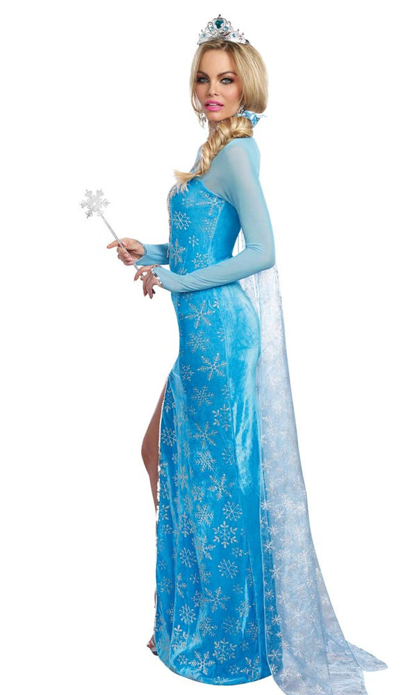 Side of long blue Elsa dress with crown and snow flake pattern