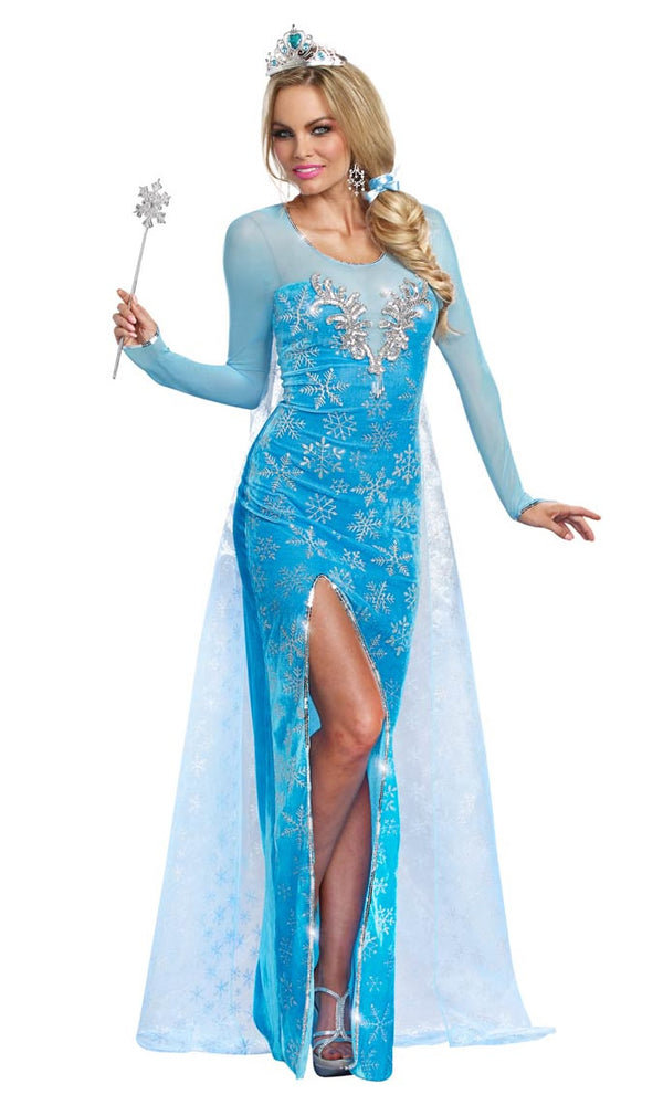 Long blue Elsa dress with crown and snow flake pattern