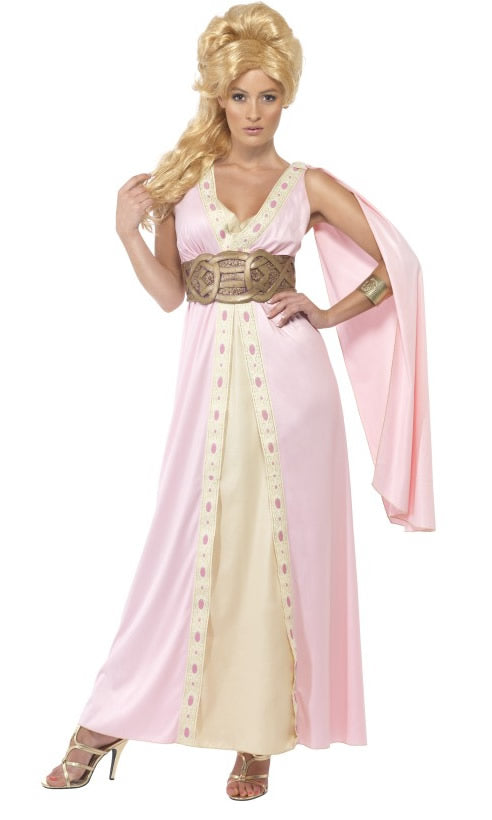 Ilithyia Spartacus long pink and yellow dress with sleeve drape and belt