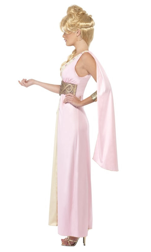 Side of Ilithyia Spartacus long pink and yellow dress with sleeve drape and belt