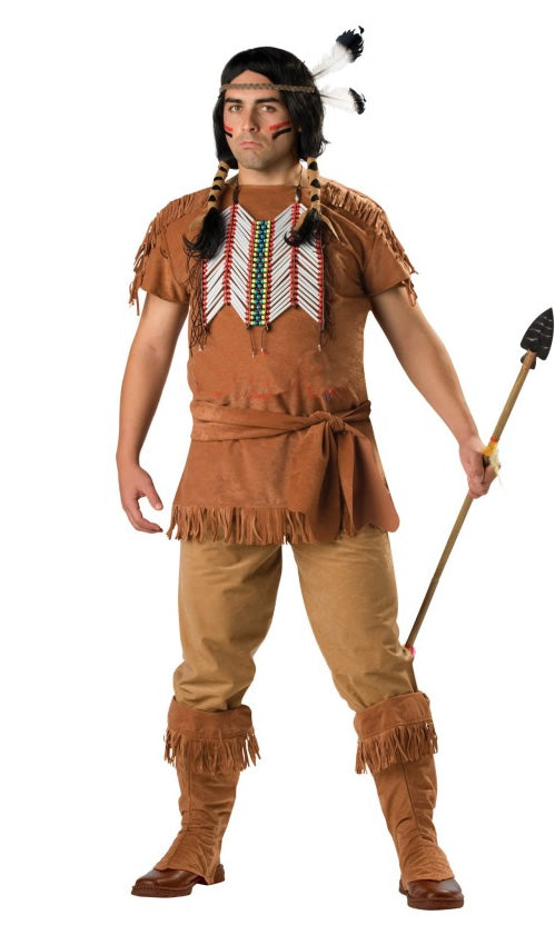 Indian Brave plus size costume with tunic, pants, boot covers, headpiece and chest plate