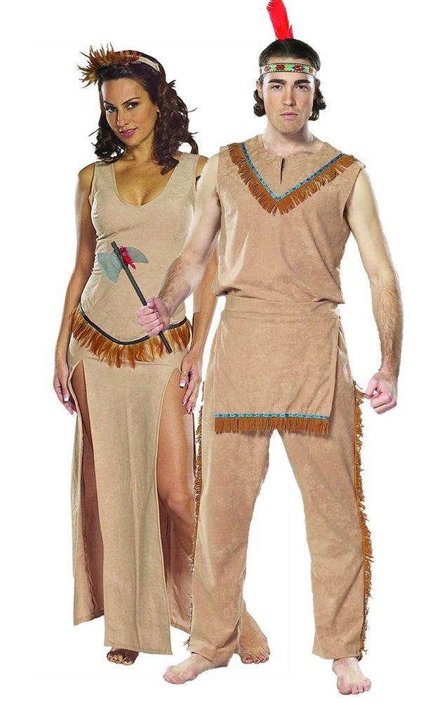 Native Indian warrior costume pants, top & belt next to partner