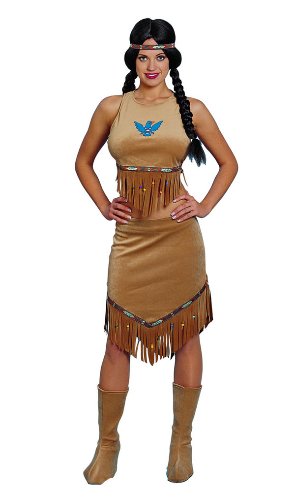 Brown Native Indian costume skirt, top with blue bird motive, head band and boot tops
