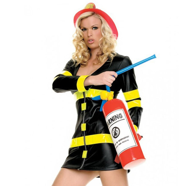 Inflatable novelty fire extinguisher held by firewoman