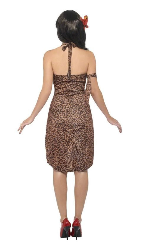 Back of brown animal pattern Jane halter neck dress with arm tie