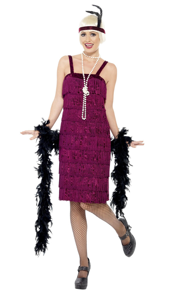 Knee length maroon flapper dress with tassels on front and headband