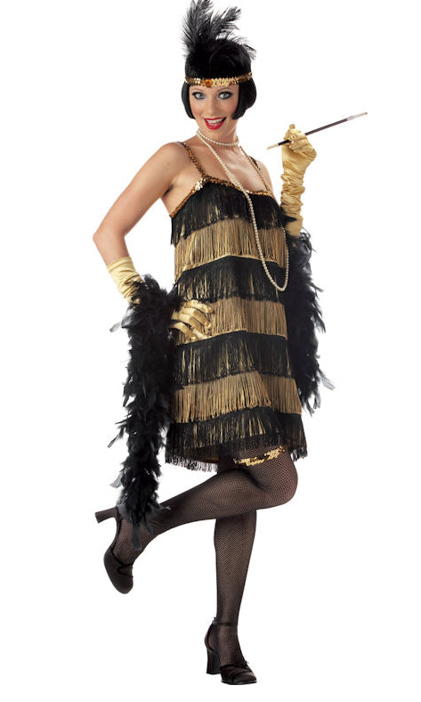 1920s gold and black flapper dress with headband, pearls and boa