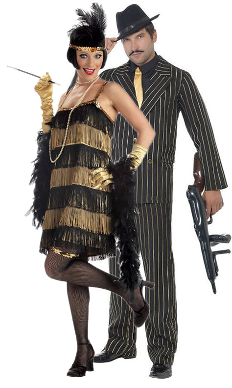 1920s gold and black flapper dress with headband next to gangster with gold tie
