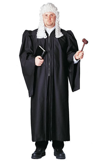 Long black judge robe with zip shown worn by a man wearing a white judge wig