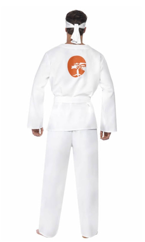 Back of Karate Kid costume jacket with bonsai tree logo and pants in white, with belt and headband