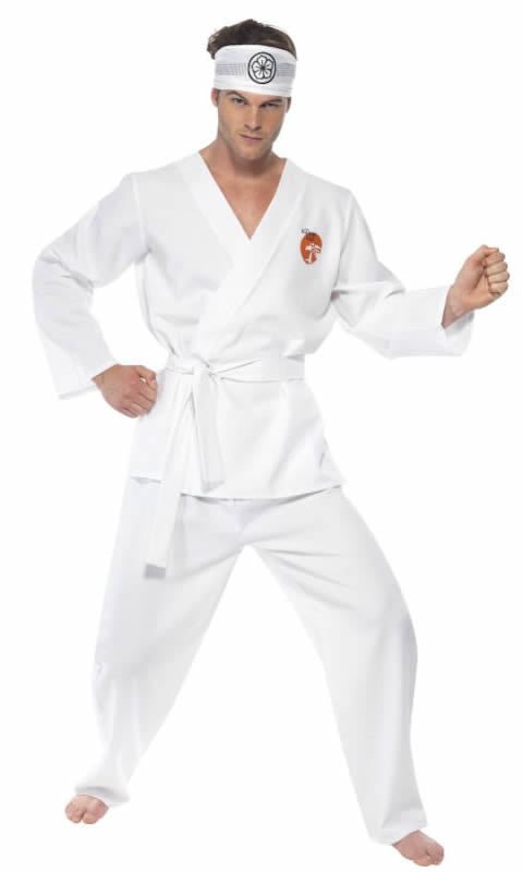 Karate Kid costume jacket and pants in white, with belt and headband with flower symbol