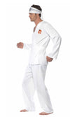 Side of Karate Kid costume jacket and pants in white, with belt and headband with flower symbol