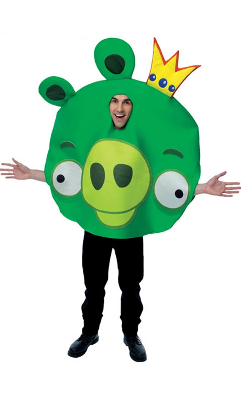 A man wearing a green King pig angry Bird costume