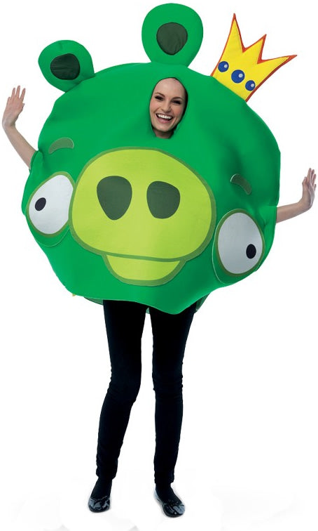 A woman wearing a green King pig angry Bird costume