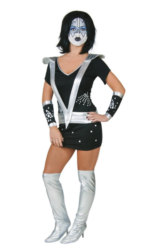 Black and silver short dress for Ace Frehley from Kiss, with boot covers and arm cuffs