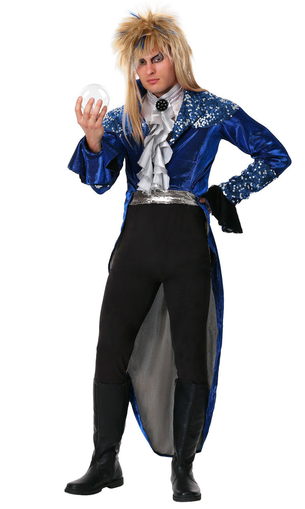 Blue, silver and black Jareth Labyrinth costume with blonde wig