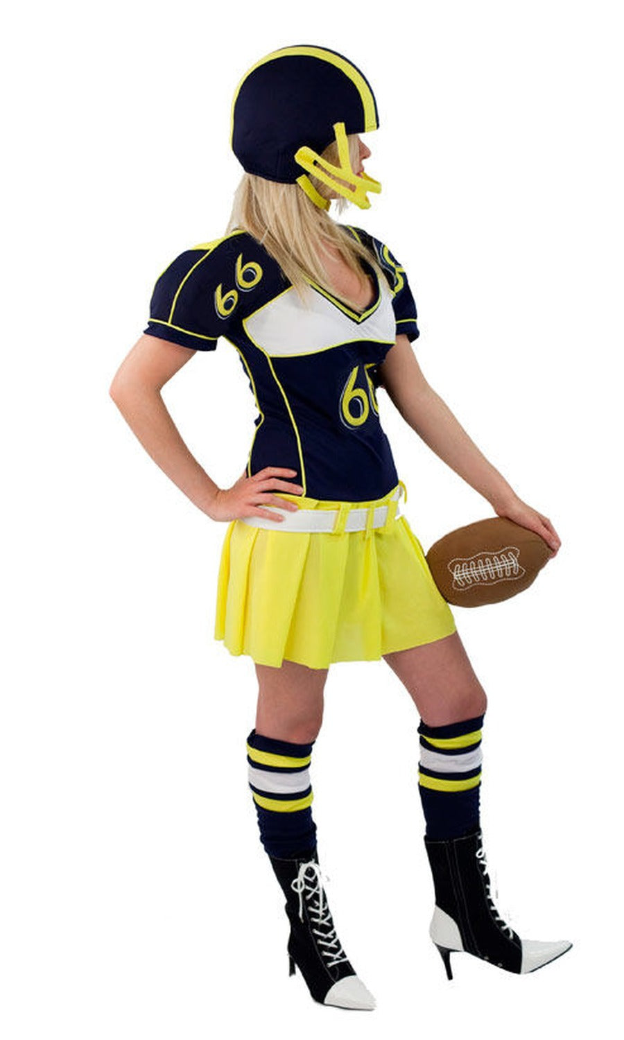 Side of yellow and black, woman's American football costume with helmet, leg warmers and stuffed ball