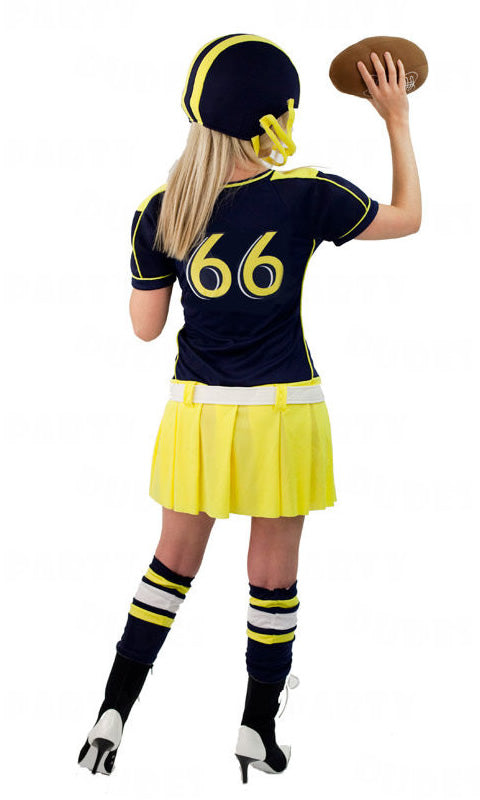 Back of yellow and black, woman's American football costume with helmet, leg warmers and stuffed ball
