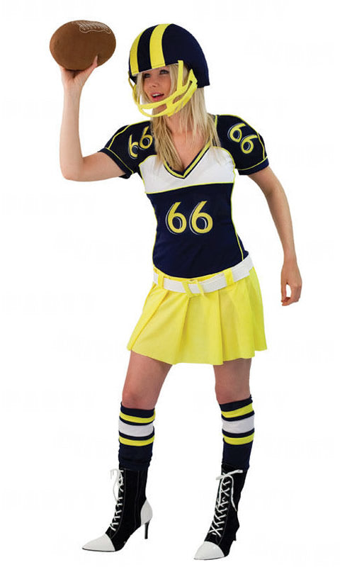 Yellow and black, woman's American football costume with helmet, leg warmers and stuffed ball